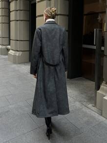 Aloruh 女式翻领长袖仿旧 PU 皮革长款风衣，深灰色，秋冬 - 深灰色 - 查看 2