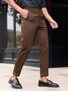 Manfinity Mode Quần tây công sở màu trơn đơn giản có túi xéo dành cho nam - màu nâu - Xem 4