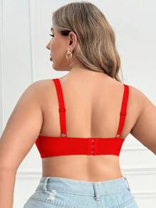 1 pièce Soutien-gorge romantique français avec contraste de dentelle, confortable et minimaliste avec armature, grande taille, lingerie - Rouge - Voir 2