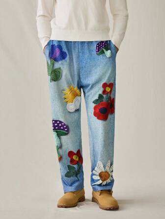 Manfinity RebelGame Men's Casual Loose Woven Pants With Elastic Waist, Straight Leg Style Graphic Long Casual Straight Leg Pants, For Husband, Boyfriend Gifts