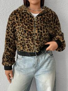 SHEIN EZwear Große Größen Leopard Muster Kurze Flauschige Sweatshirt, Herbst/Winter