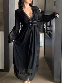 DAZY 1件装女士纯色前系带网纱拼接长袖简约连衣裙，休闲日常穿着睡衣情人节款