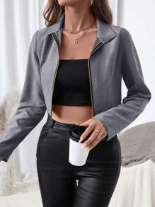 SHEIN Clasi 长款拉链前开襟插肩袖修腰两用夹克 - 灰色 - 查看 6