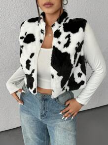 SHEIN EZwear 秋冬季大码奶牛印花短款夹克