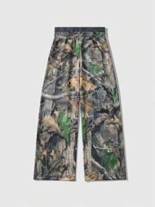 ROMWE MEN Prep Pantalones holgados de pierna ancha con estampado de ramas, cintura elástica, uso casual y versátil, para otoño