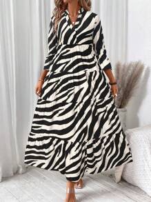 SHEIN LUNE Đầm thường ngày xếp ly cổ chữ V họa tiết ngựa vằn in hình động vật cho nữ - Nhiều màu - Xem 5