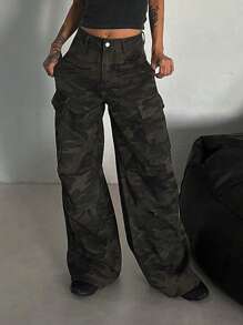 DAZY 女式前扣口袋简约休闲迷彩工装牛仔裤 - 軍綠色 - 查看 4