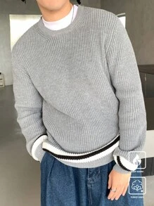 Manfinity CasualKnits Men's Casual Crew Neck Contrast Color Knitted Pullover Sweater - Grey - View 2