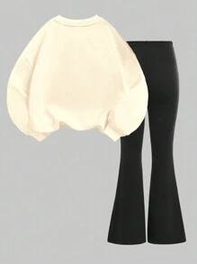 SHEIN Leap Crew 2pcs/Set Tween Girl Knitted Round Neck Letter Pattern Loose Sweatshirt And Flared Pants Casual Set