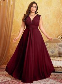Plus Size V-Neckline Dress With Shoulder Design, Elegant And Minimalistic High-End Embroidered Tulle And Pleated Maxi Evening Gown Bridesmaid Dress, Birthday Women Outfits, Graduation Dress, Formal Dress - Màu Đỏ Sâu - Xem 5