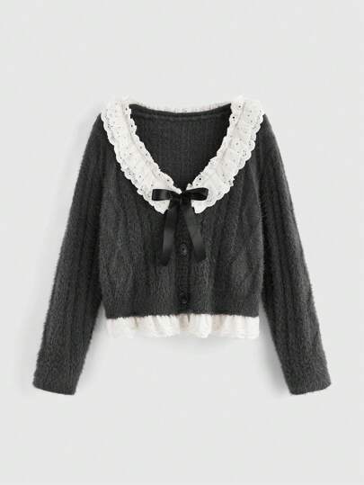 Kawaii Conjunto de ropa de muñeca Kawaii talla grande con cárdigan con ribete de encaje y mangas abombadas, decoración de lazo, talla grande holgada, gris jaspeado, para el invierno