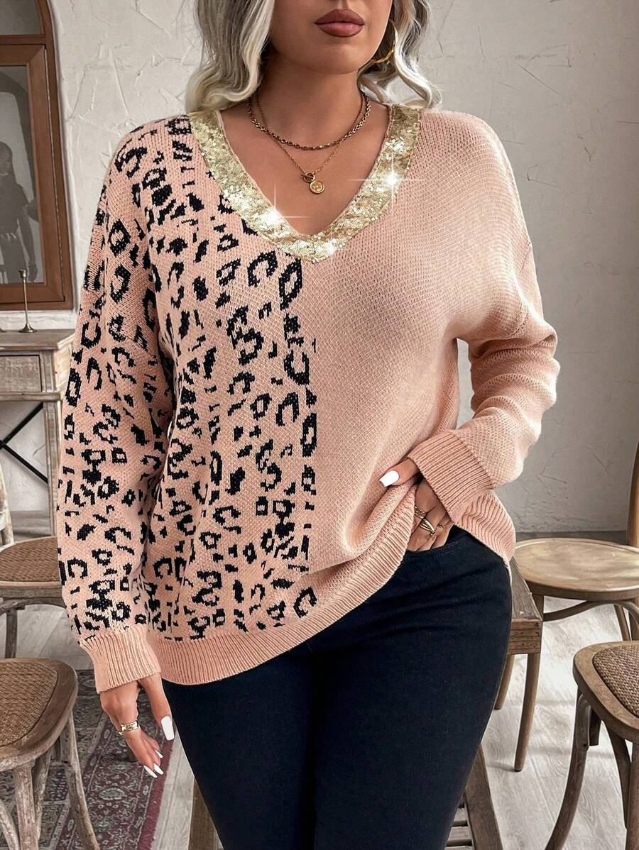 Calvaya Plus Size V-Neck Loose Leopard Print & Sequin Contrast Dolman Sweater, For Winter - Dusty Pink - View 1