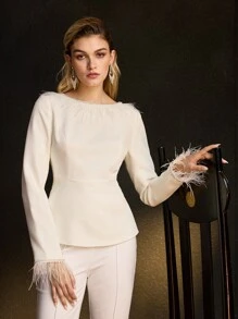 MOTF PREMIUM FLUFFY RHINESTONE TRIM PEPLUM TOP
