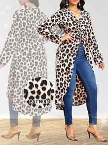 SHEIN Lady Leopard Print Shirt V-Neck Long-Sleeved Shirt Elegant Shirt With Front Twist Design Long Sleeve Shirt Mexican Tops Fall Women Tops