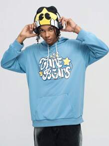 ROMWE MEN ROMWE X Care Bears Men Casual Letter & Cartoon Star Print Drop Shoulder Loose Drawstring Hoodie, Spring Autumn - Blue - View 5