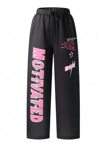 SHEIN Explorewe Tween Girl 宽松字母印花保暖内衬阔腿运动裤，时尚街头休闲深色风格 - 黑色 - 查看 7