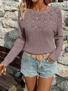 EMERY ROSE Women Casual Hollow Out Knitted Raglan Sleeve Pullover Sweater, Suitable For Autumn And Winter,Long Sleeve Tops  Fall Outfit - Dusty Pink - View 3