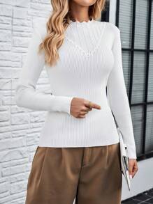 SHEIN LUNE 女士纯色立领罗纹针织长袖修身毛衣 - 白色 - 查看 3