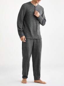 男士前扣长袖休闲上衣和长裤蓬松家居服套装，秋冬服装，舒适保暖 - 深灰色 - 查看 3