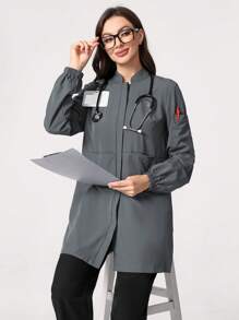 TaskEZ Plain Color Multi-Pocket Front Button Scrub Uniform Jacket - Grey - View 3