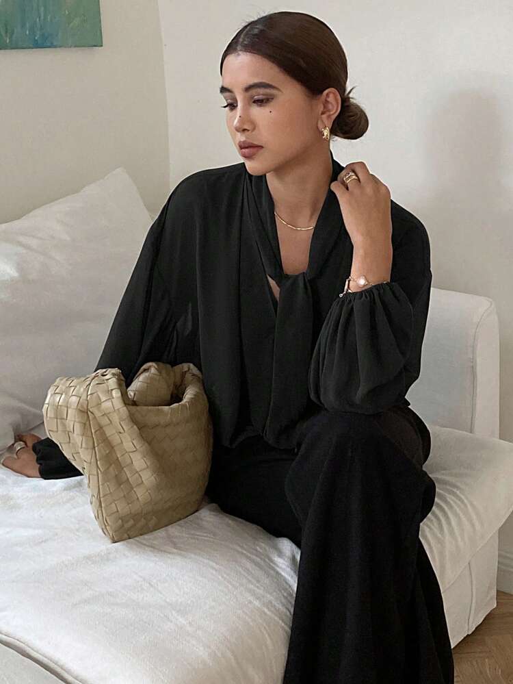 Loose Fit Solid Color Long Sleeve Tied Women Blouse,Fall Clothes