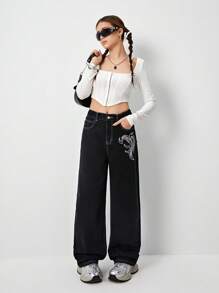 SHEIN TEEN GIRL Y2K Urban Street Chic Flame Graphic Embroidery Detail Half Elastic Waist Classic 5 Pockets Low Waist Loose Jeans With Contrast Seam, Chic Girls Must_have Versatile Fashion Item