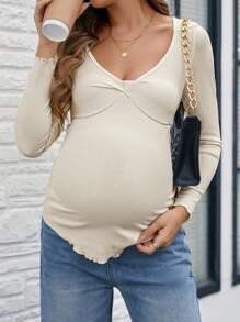 SHEIN Camiseta de manga larga casual de cuello en V liso para maternidad, otoño