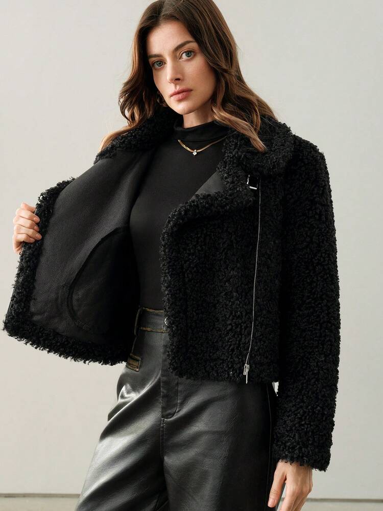 Women's Sheep Fur Faux Leather Spliced Plus Fleece Thick Fur Decor Jacket