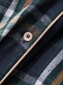 DAZY 格子图案宽松版型纽扣前开襟长袖上衣和长裤睡衣套装，秋冬服装 - 藍色 - 查看 7