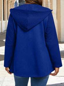 加大码纯色前拉链长袖连帽外套，休闲日常穿着 - 寶藍色 - 查看 2