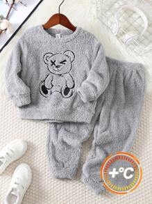SHEIN Bộ đồ ngủ vải nỉ mềm mại và ấm áp cổ tròn dài tay thêu hình gấu cổ điển cho bé trai, mùa thu/đông - Xám - Xem 1
