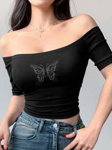 Joudiya Áo thun ngắn tay ôm sát hở vai in hình bướm, áo crop top nữ in họa tiết, áo trễ vai mặc đi chơi. - màu đen - Xem 5