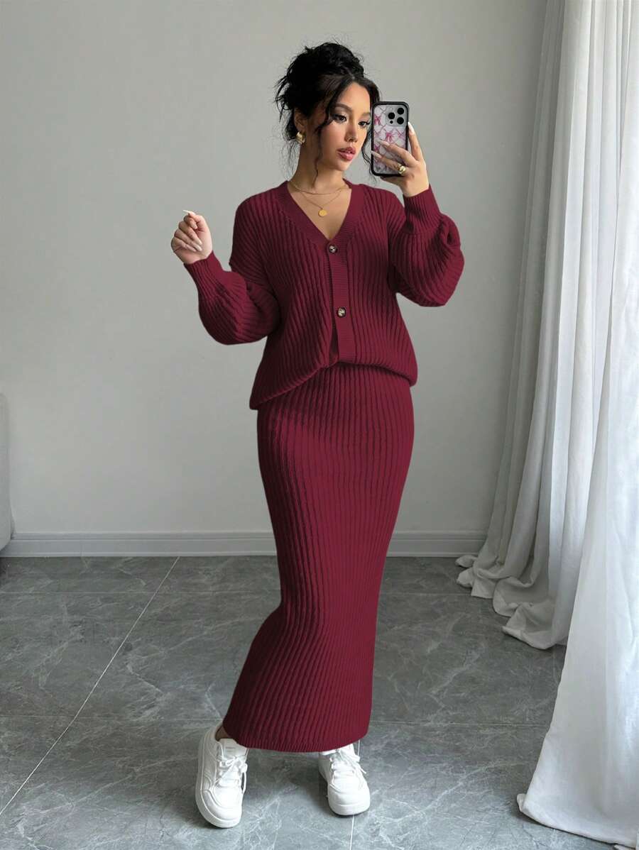 Selianne Women Plain Front Button Long Sleeve Casual Top And Skirt Set Fall Winter Cloth For Women - Burgundy - View 1