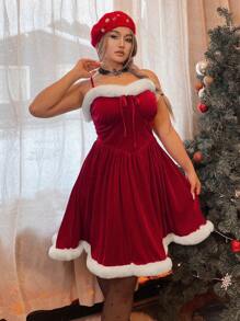 SHEIN Unity Plus Size Colorblock Fluffy Trim Slip Dress For New Year Clothes - Red - View 6