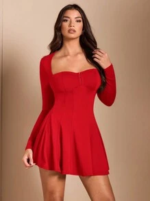 SHEIN BAE Váy suông tay dài cổ vuông màu mơ viền phồng bó sát, thích hợp làm lớp lót, váy mặc ngoài, váy phù dâu, váy dự tiệc mùa thu đông - Đỏ - Xem 5