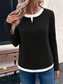 EMERY ROSE 女士纯色拼色圆领长袖休闲 T 恤，日常穿着