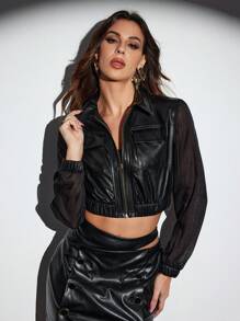 Luenia Vidal Chaqueta corta minimalista y casual de mujer diseñada con cremallera frontal, de manga larga en PU y organza, ideal para fiesta, vacaciones, primavera, festival, Ibiza