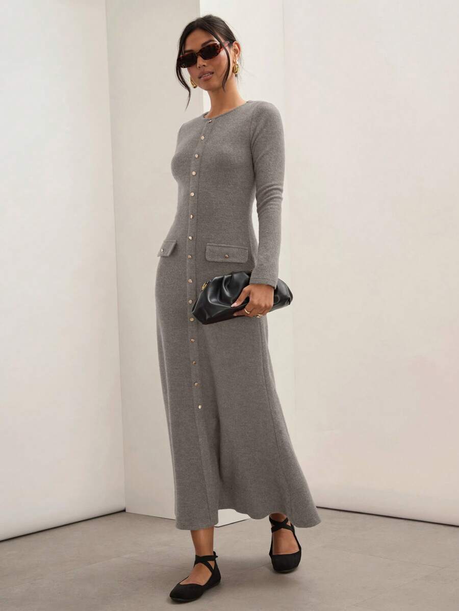 COSMINA Váy len dài tay cài nút phía trước thanh lịch cho nữ mùa thu, dành cho công việc giáo viên - Xám - Xem 1