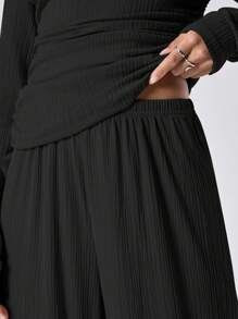 LYSMO Bộ 2 áo dài tay cổ bẻ đơn giản cho nữ và quần dài màu trơn - màu đen - Xem 4