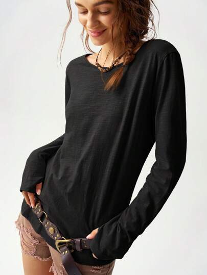 Bohemela Avkopplande enfärgad stickad rund halsad axel långärmad Maxi T-shirt för kvinnor