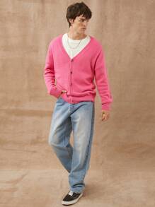Men V-Neck Sweater Cardigan - Pink - View 2