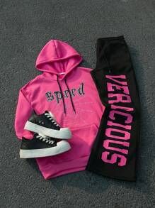 Manfinity EMRG Men's Long Sleeve Pocket Letter Print Simple Hooded Sweatshirt And Pants Sets