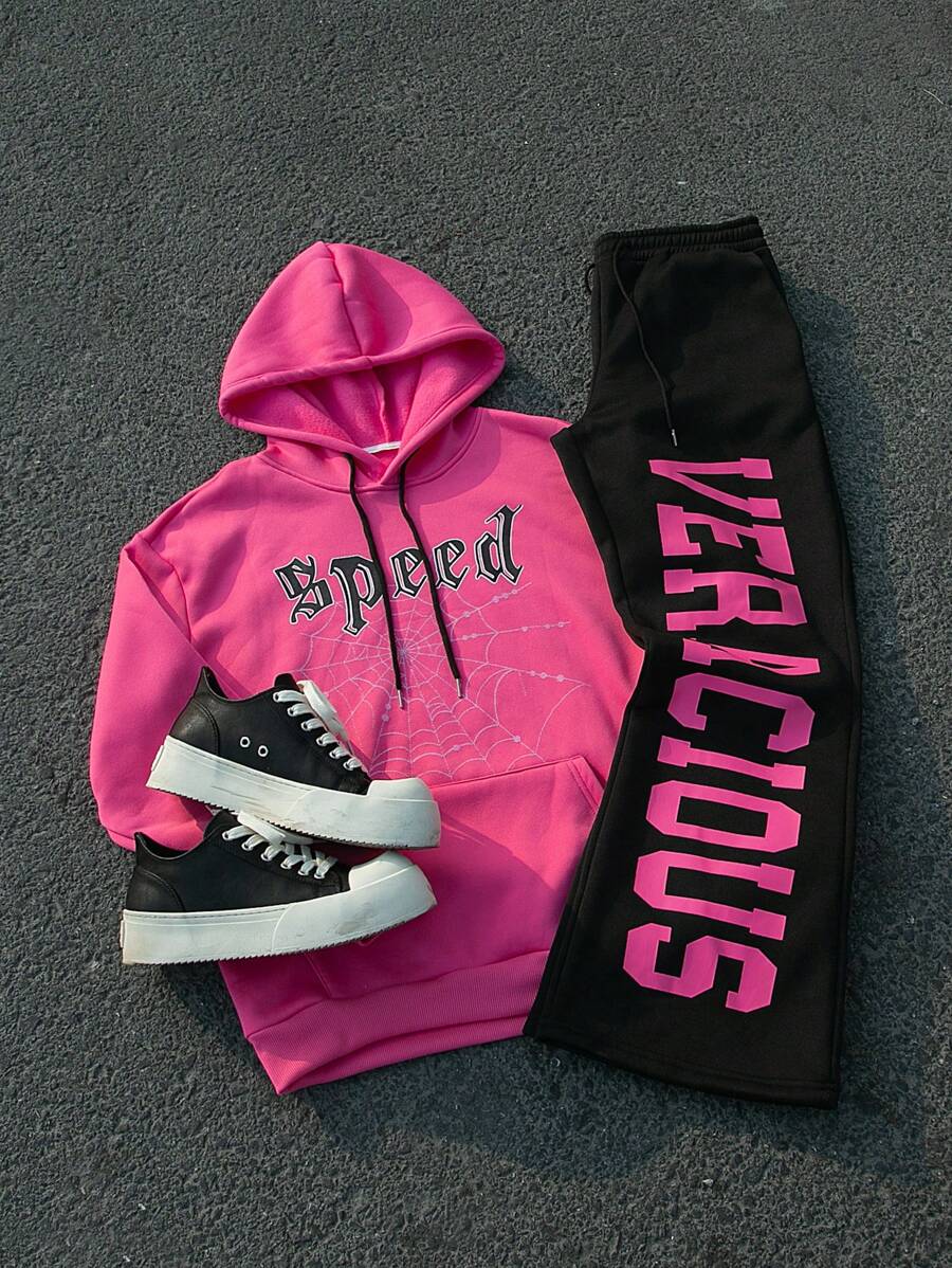 Manfinity EMRG Men's Long Sleeve Pocket Letter Print Simple Hooded Sweatshirt And Pants Sets