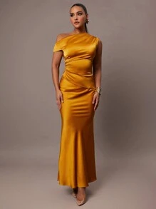 Silquee 女士优雅缎面不对称领金色衬衫，褶皱设计，适合鸡尾酒会、约会、正式派对、婚礼、伴娘、晚会、万圣节、圣诞节 - 金色 - 查看 10