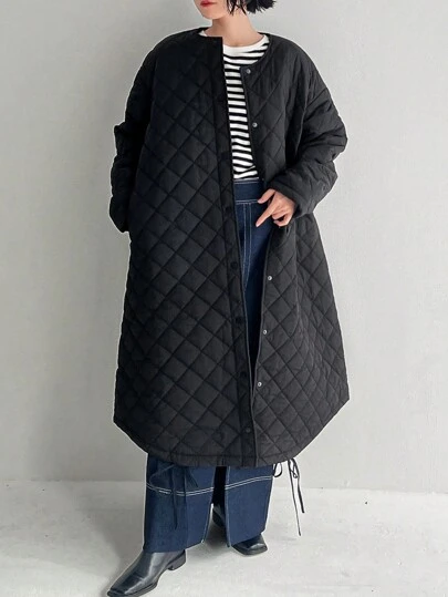 FRIFUL Women's Button-Up Long Sleeve Diamond Textured Loose Fashionable Casual Padded Coat Winter