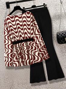 Celure Set de 2 piezas con blusa de cuello redondo de manga larga a rayas onduladas y pantalones casuales para mujer talla grande, otoño
