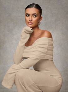 SHEIN BAE Women Elegant White Off-Shoulder Fitted Long Fall Dress,Elegant Women Dresses,Fall Wedding Guest Dress - Apricot - View 5