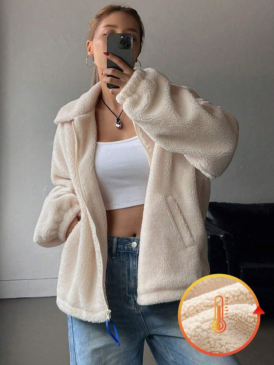 DAZY 女士秋冬宽松休闲翻领落肩长袖抓绒外套，保暖内衬女式大衣 - 米色 - 查看 1