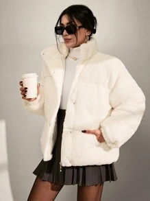 EURMUSE 高品质闪亮柔软人造毛皮双侧口袋温暖优雅冬季大衣