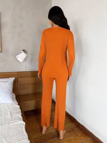 RueChic Floral And Slogan Graphic Ribbed Knit Tee & Pants Lounge Set - Orange - View 2